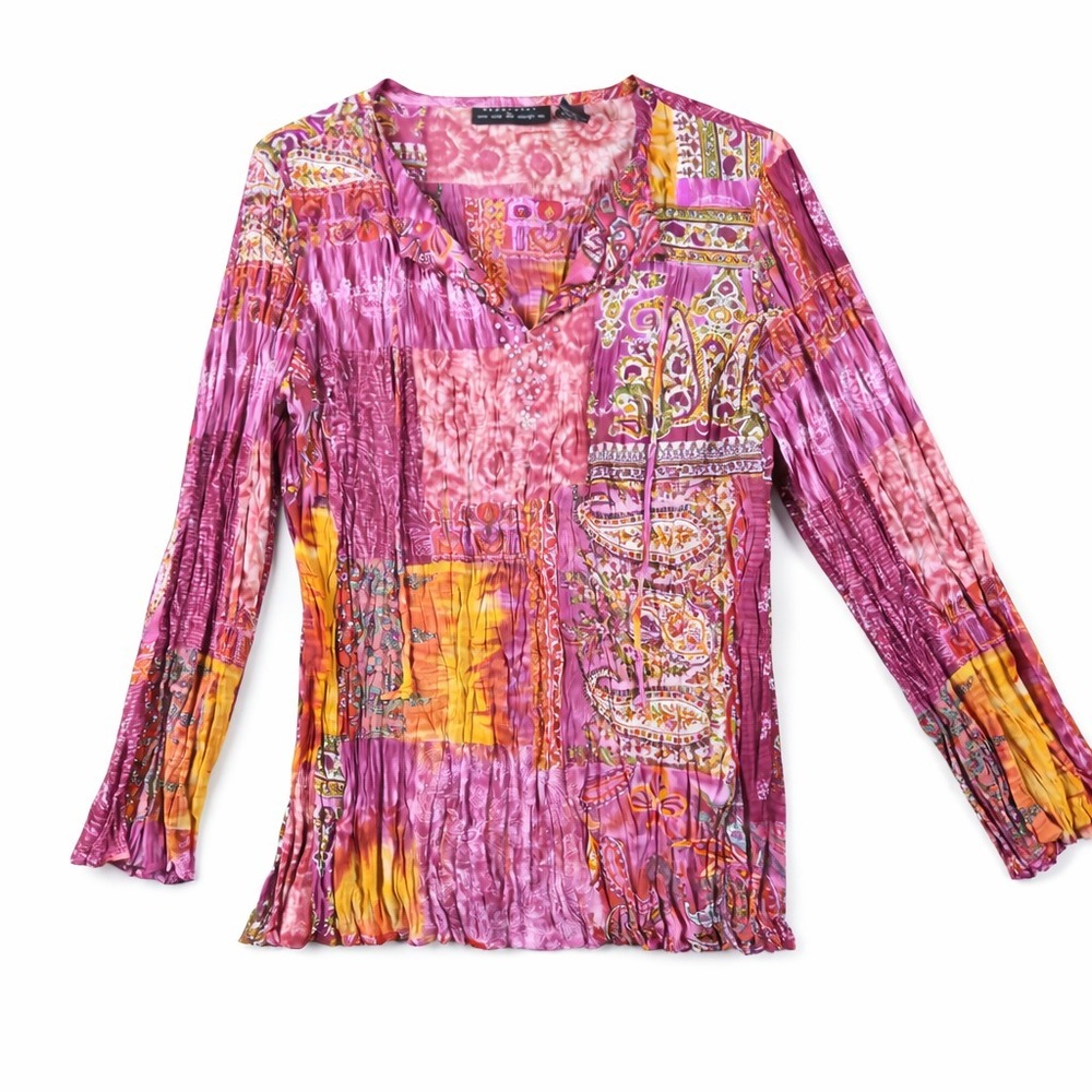 Seperates by New York Design Co Womens Medium Boho Patchwork Blouse Pink Paisley